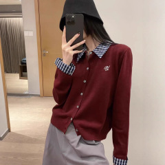 不退换雅903拼接衬衫领假两件内搭打底针织开衫小衫女