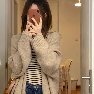 2025 Spring New Women's Easiest for Match Solid Color Knitted Cardigan Mid-Length Dongdaemun Lazy Style Autumn and Winter Sweater Jacket