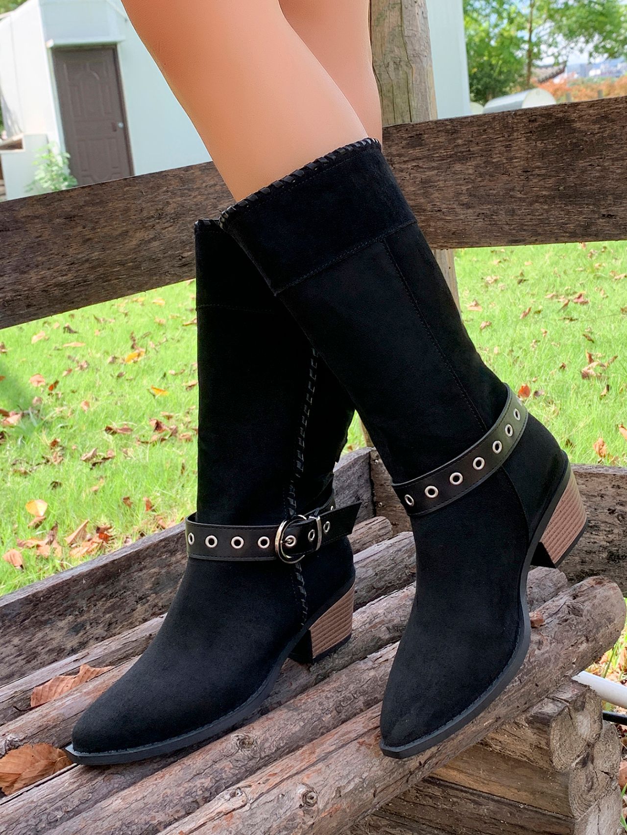 Women's Black Suede Cowboy Boots With Buckle Detail Mid Heel_voghion.com