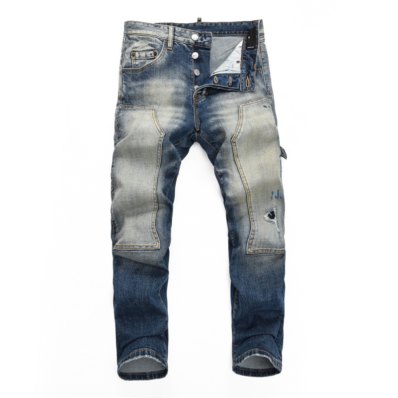 European and American High Street Fashion Men's Jeans Distressed Blue Washed White Ripped Patch Trendy Brand Straight Jeans for Men