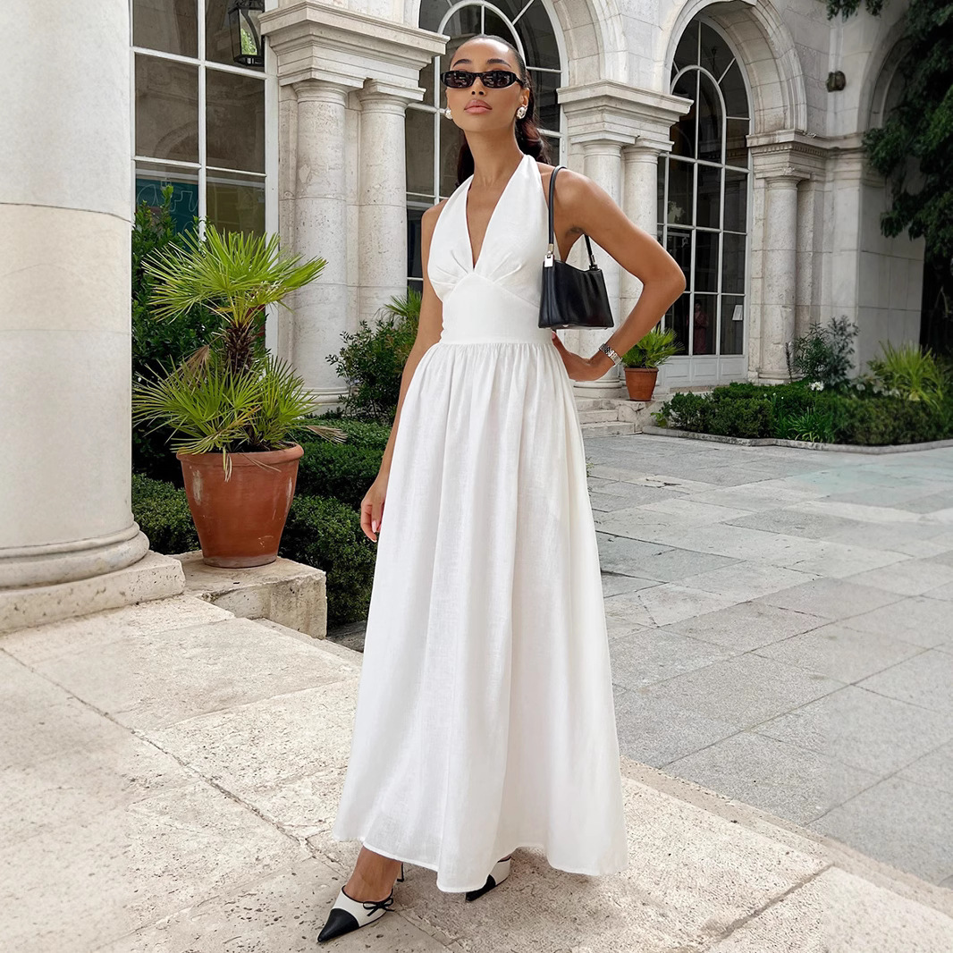 Cross-Border 2026 Spring/Summer New European and American Women's Fashion Elegant Solid Color V-Neck Backless Tie Waist Flared Dress for Women
