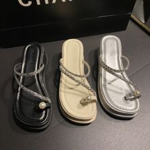 法式珍珠水钻套趾拖鞋2024年夏季新款厚底坡跟夹脚罗马沙滩一字拖