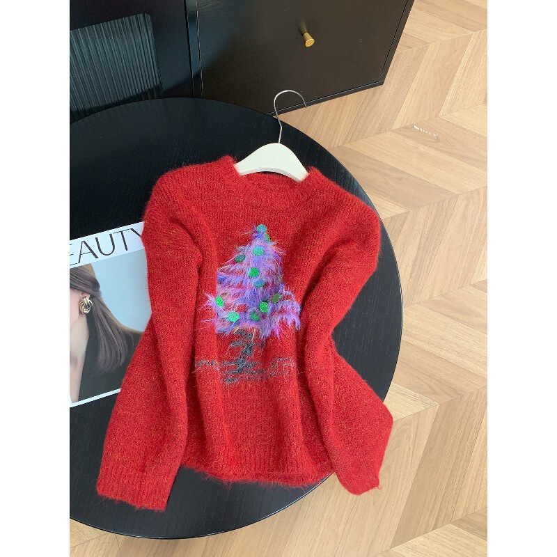 Christmas Style Red Round-Neck Sweater for Women 2026 Autumn and Winter New Heavy-Duty Three-Dimensional Sequin Knit Top