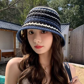 夏季防晒渔夫帽女编织镂空水桶帽显脸小遮阳盆帽时尚百搭针织帽