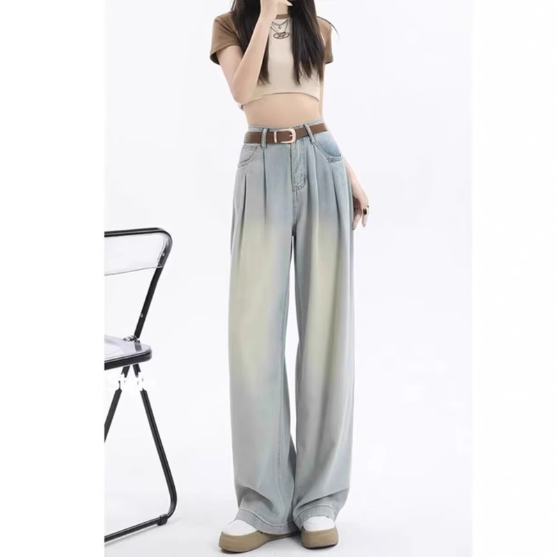 American Retro Design Niche Jeans for Women in Summer and Autumn High-Waisted Straight-Leg Loose Floor-Length Wide-Leg Jeans