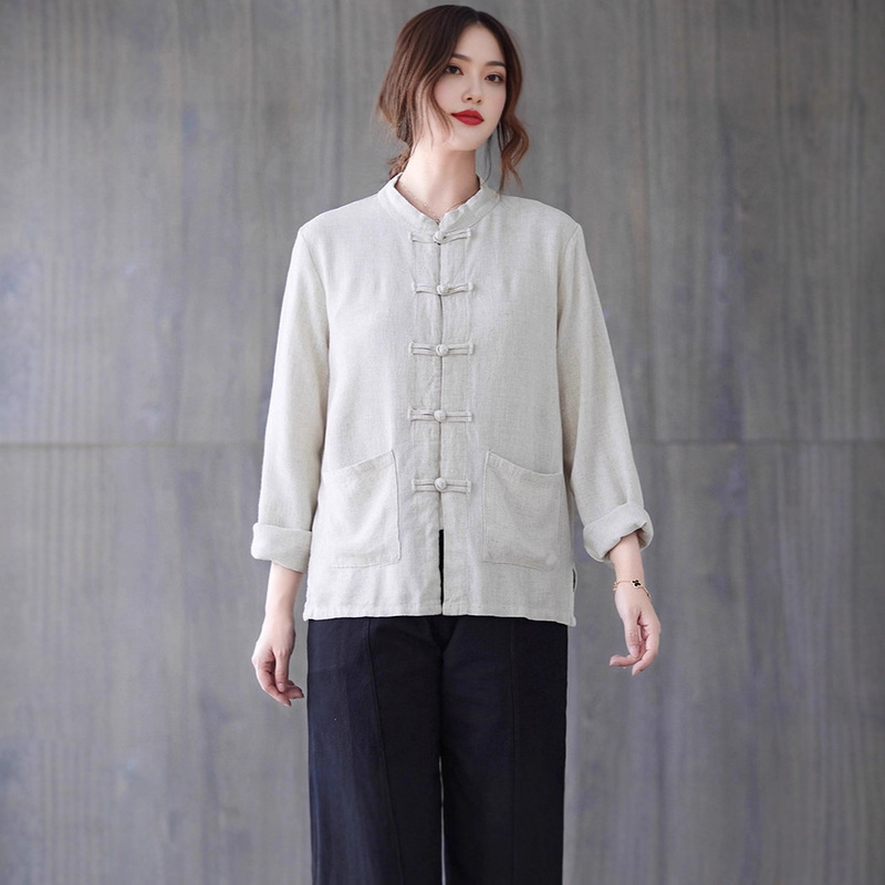 Cotton and Linen Retro Stand-Up Collar Style Tang Suit Spring and Autumn Tai Chi Suit Women's Zen Large Size Tops Shirts Men's and Women's Ancient Costume Hanfu Autumn