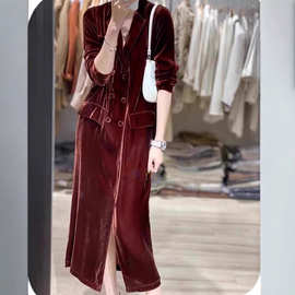 欧洲站真丝丝绒大衣女桑蚕丝外套秋季新款酒红色双排扣长款风衣潮