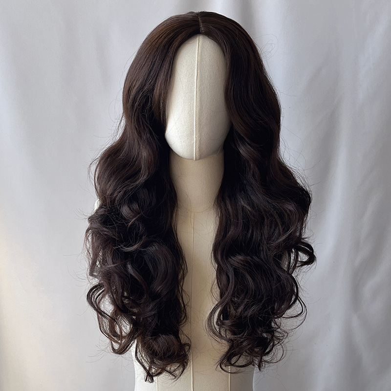 外国貿易スポットゴールドロングカーリーヘアウィッグ、クロスボーダー欧米女性用ミディアム分け目ビッグウェーブ化学繊維ヘッドギア、メーカー卸売|undefined