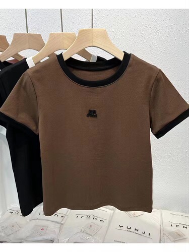 210g 40 pieces 1x1 ribbed cotton (92 cotton 8 spandex) embroidered fashionable women's T-shirt