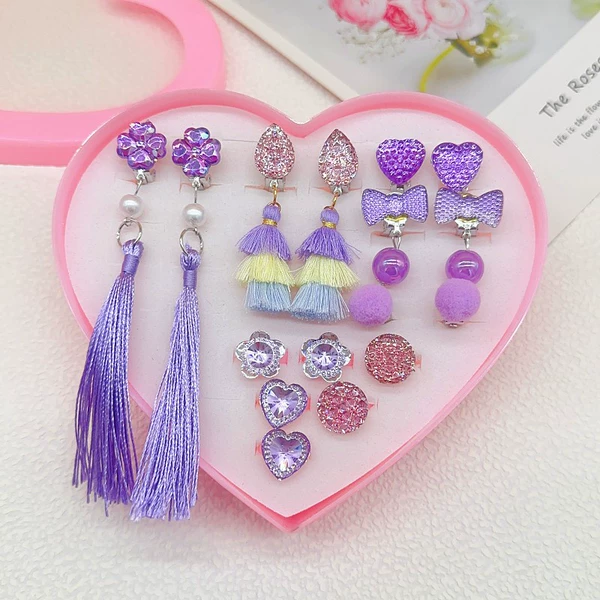 Purple ear clips with tassels, ring, set, upgraded version