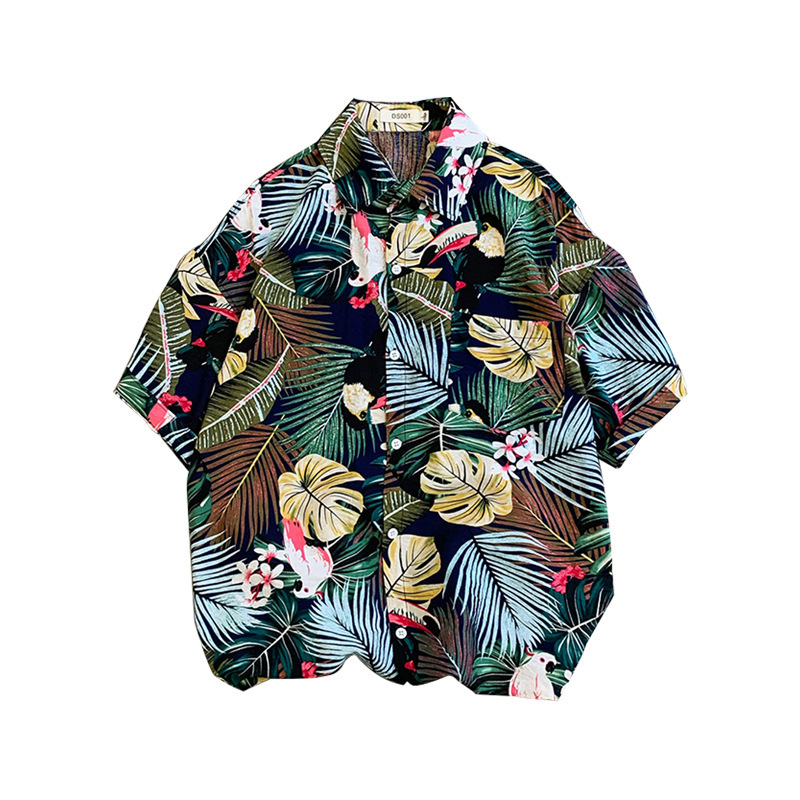 Estilo retro de Hong Kong Ruan guapo camisa de seda de hielo abrigo ropa de los hombres Hawaii playa floral camisa de manga corta de los hombres sueltos más tamaño
