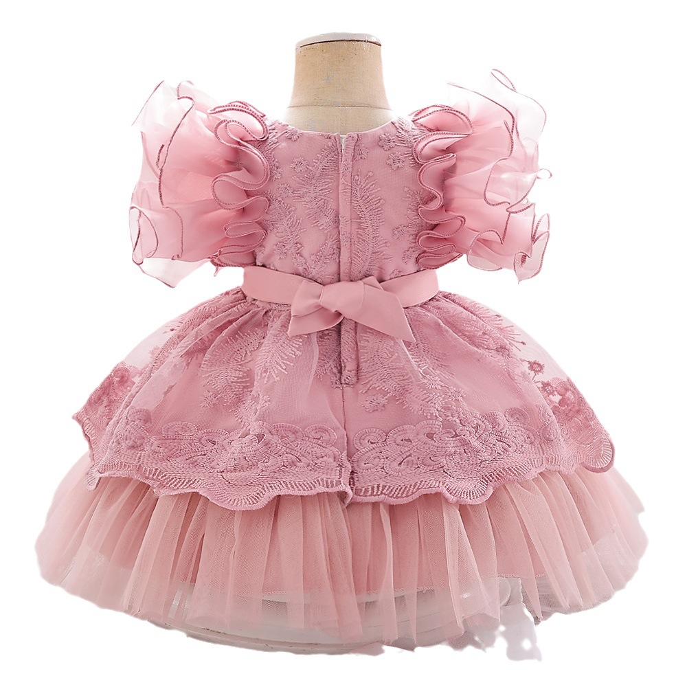 Vestido de niños nuevos europeos y americanos manga voladora color sólido niña pettiskirt vestido de un año vestido de princesa de cumpleaños de bebé