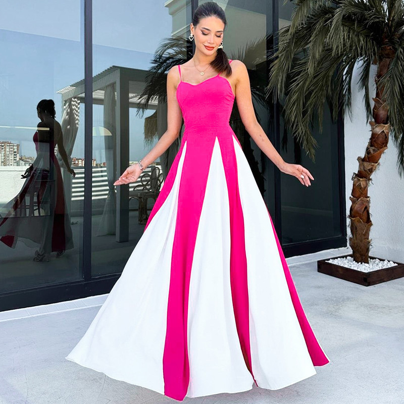 Fashionable Women's Contrast Stitching Suspender Prom Evening Dress_voghion.com