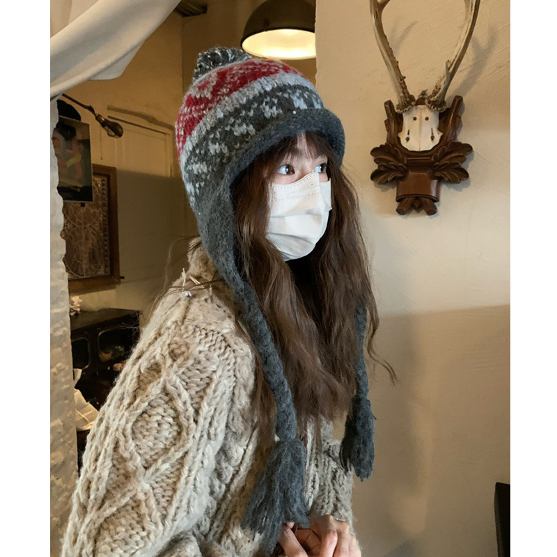 フェア島風毛糸帽子女子秋冬レトロ百合大頭囲保温ニット帽子顔小耳保護帽子