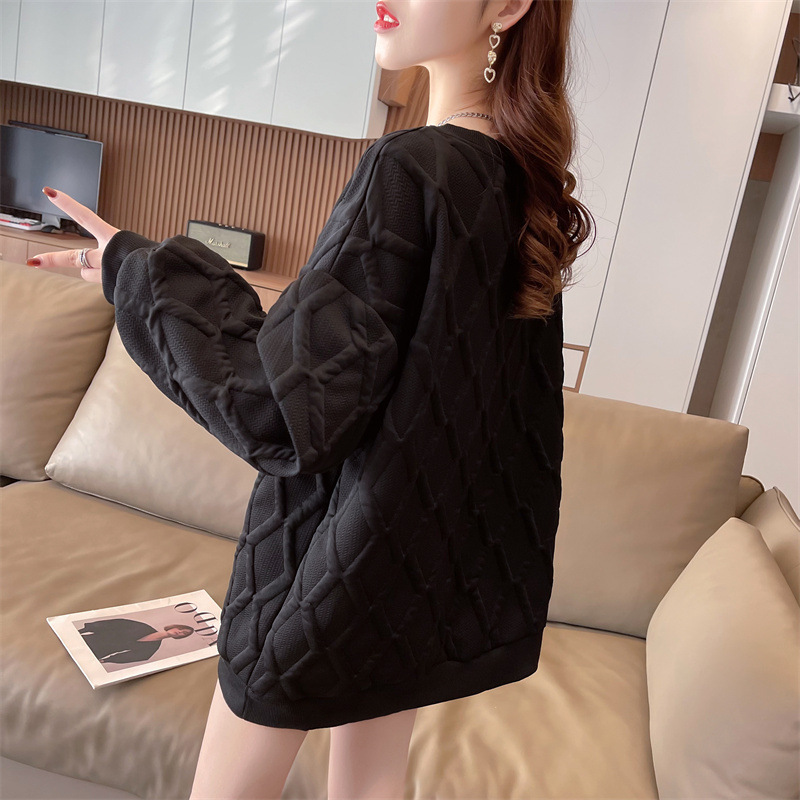 Damen Jacquard Sweatshirt Mit Bindeband Mittellang Locker Geschnitten_voghion.com