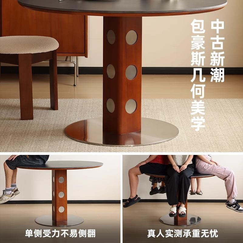 Nordic Bauhaus madera maciza tabla de roca mesa de comedor pequeña casa mesa redonda medieval retro pierna de metal mesa de comedor redonda