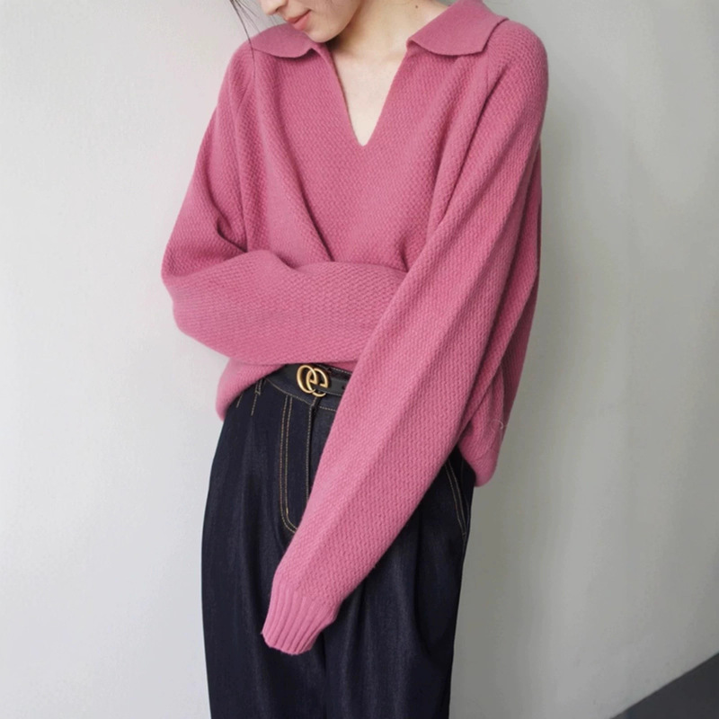 French V-Neck Rose Pink Waffle Pullover Knitwear for Women in Autumn and Winter Loose Lazy Bottoming Lapel Knitwear Top