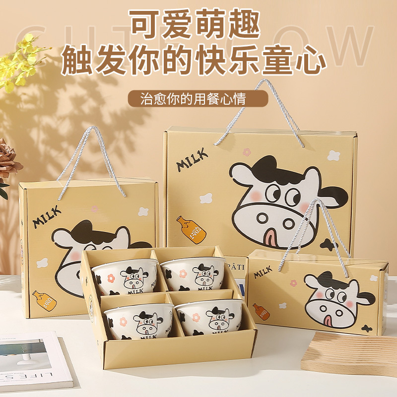 Cute Cow Ceramic Tableware Bowl and Chopsticks Set Opening Event Promotion Wedding Souvenir Small Gift Wholesale