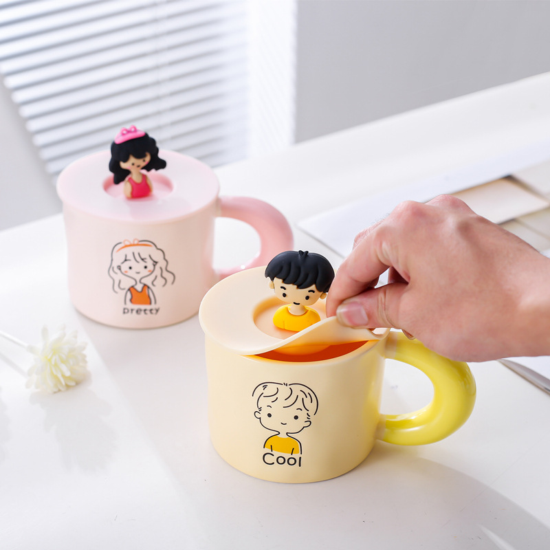 Estilo coreano lindo personaje de dibujos animados taza Rosa niña corazón Taza de cerámica taza de agua con tapa taza de café taza de pareja taza