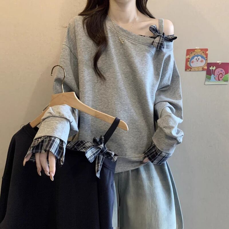 大码格子拼接一字肩斜肩卫衣女春秋新款宽松显瘦遮肉露肩长袖上衣|undefined