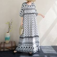 棉麻连衣裙女春秋原创大码宽松文艺印花长裙中国民族风女装袍子夏