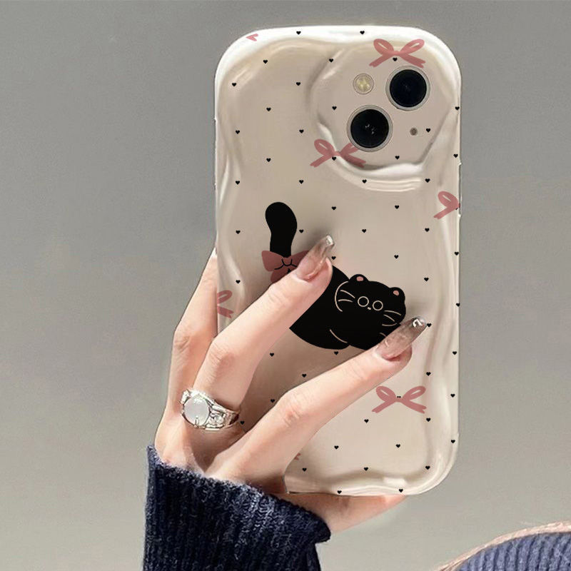 Black Dot Bow Cat Suitable for Apple 16Promax Mobile Phone Case 1213Mini Anti-Fall Iphone11 Creative 14