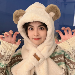 Lei Feng Hat Cold-proof Warm-keeping Plush Bear Hat Scarf All-in-one Hat Winter Scarf Two-piece Cycling Bodies