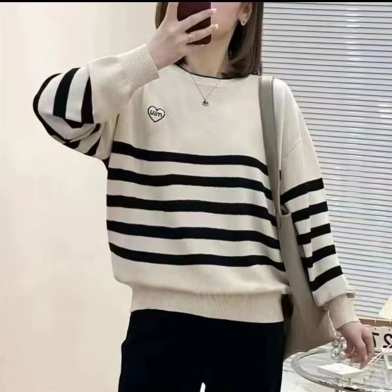 2025秋冬新款韩版宽松显瘦条纹打底上衣女休闲百搭套头长袖针织衫|undefined