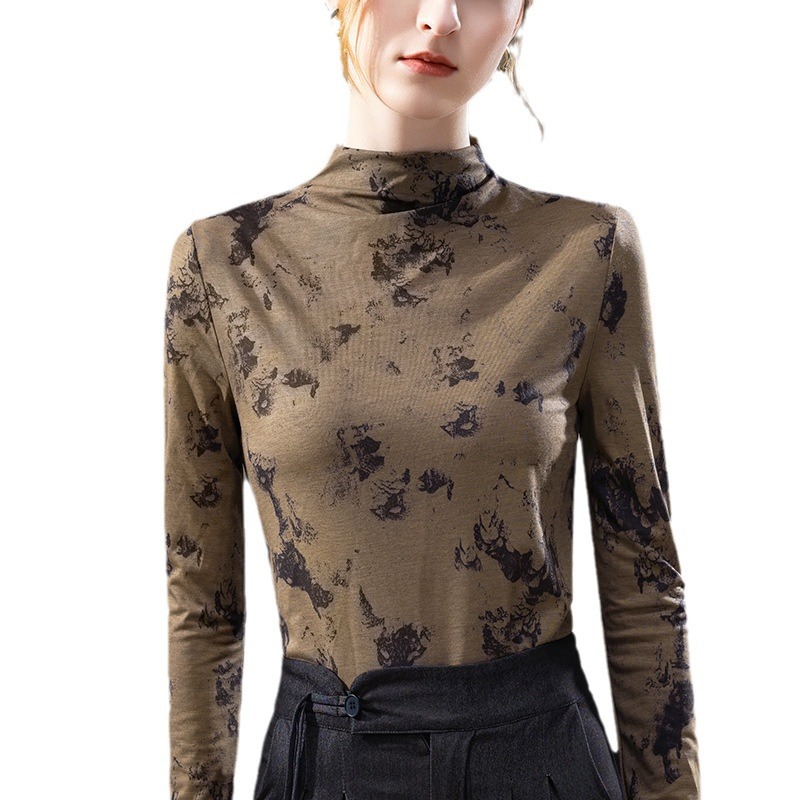 Camisa de fondo de cuello alto de las mujeres 2023 nuevas mujeres vintage impreso estilo occidental pequeña camisa elegante Cintura interior apretada superior image 6