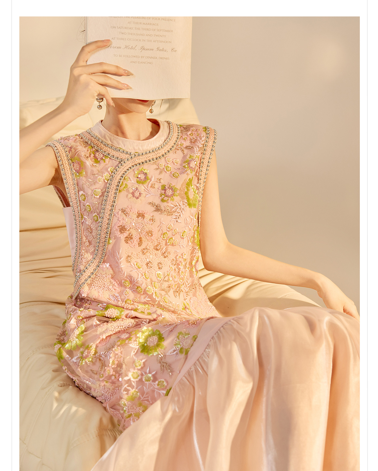 Váy sườn xám maxi thêu sequin phong cách Trung Quốc mới mùa hè N5042 — hồng, Xanh lam sông băng chi tiết 18