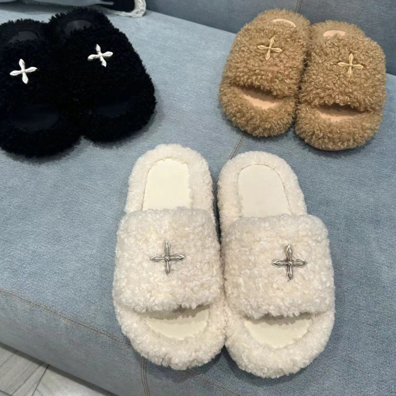 高品質！ Wu Xuan Yi の同じスタイル SMFK クロスフラワーファースリッパブラックベルベット厚底アウターウェアスリッパ女性用|undefined