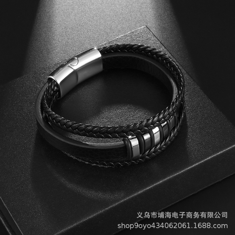 Comercio electrónico transfronterizo popular pulsera de cuerda de cuero pulsera tejida de cuero vintage cuero genuino joyería de múltiples capas ventas directas de fábrica de los hombres