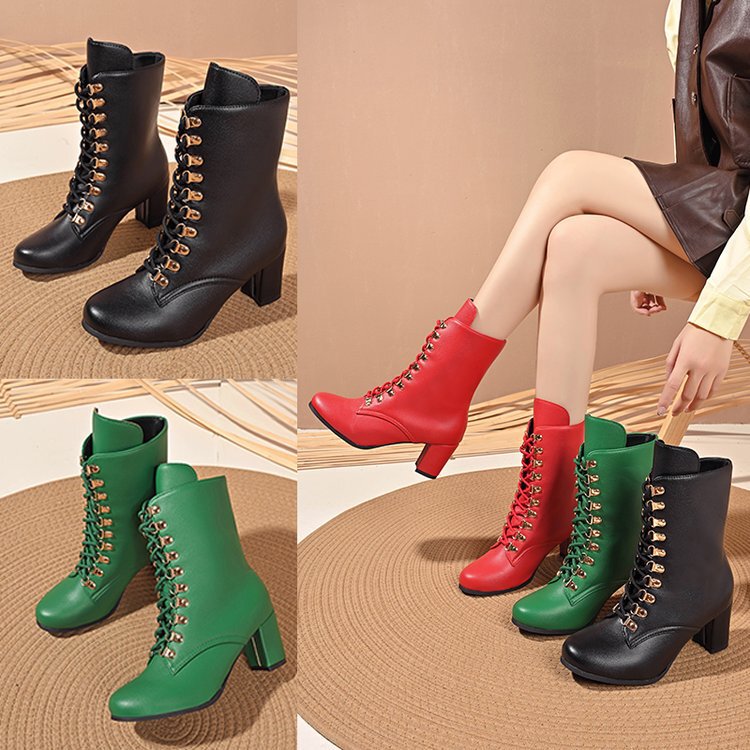 Cross-border plus size mid-tube leather boots for women in autumn and winter 2024 new thick high-heeled lace-up leather boots for women
