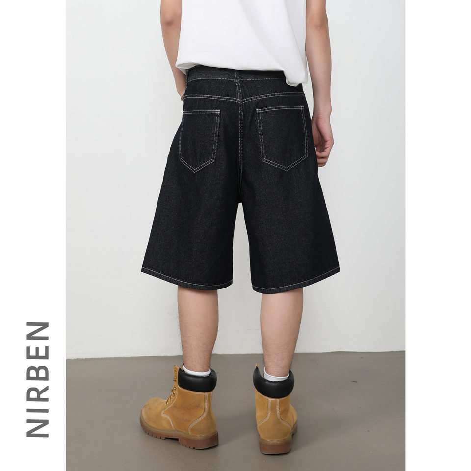 Quần short jean nam lửng ống rộng dáng suông phong cách retro, chất liệu denim thô — Denim đen, Xanh denim