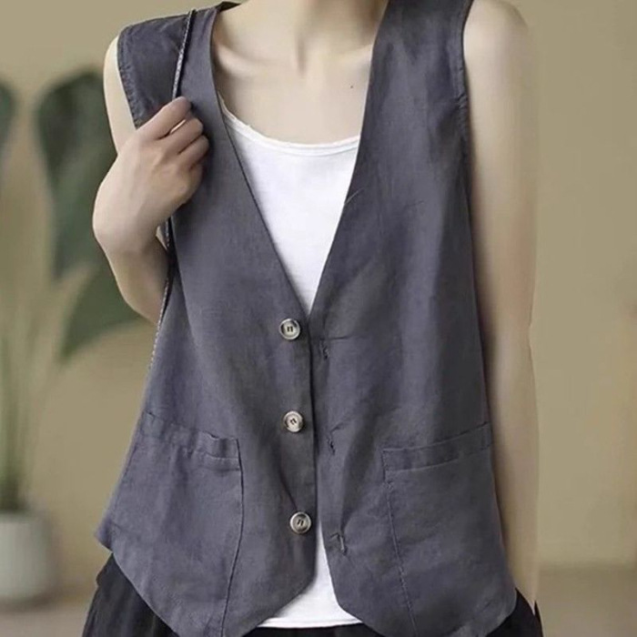 Ropa de primavera nueva literatura y arte universal relajado comercio exterior retro sin mangas cuello en V medio largo chaleco de lino abrazadera chaqueta mujer