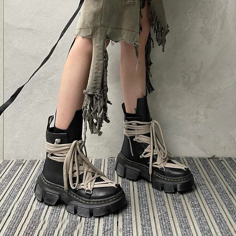 Strap Thick-soled Elevated Martin Boots High Version 2024 Explosive Handsome Crazy Strap Boots Dark Style Shoes Personality Small Style