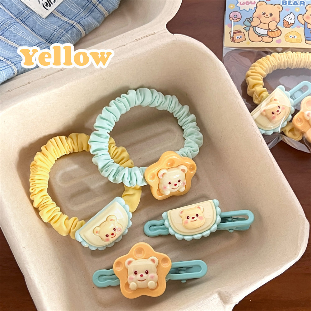 Adorable leche amarilla oso adornamiento de cabello conjunto dulce chica corazón clip de cabello anillo de dibujos animados buquetas clip de cabello cola de caballo cuerda de cabello