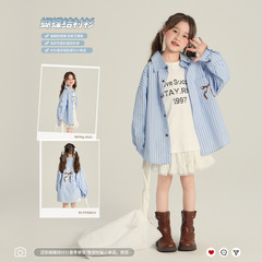 Aimo Beibei 2025 春女の子韓国風リボンシャツ、年長児向け多用途カジュアルストライプジャケット、トレンディ