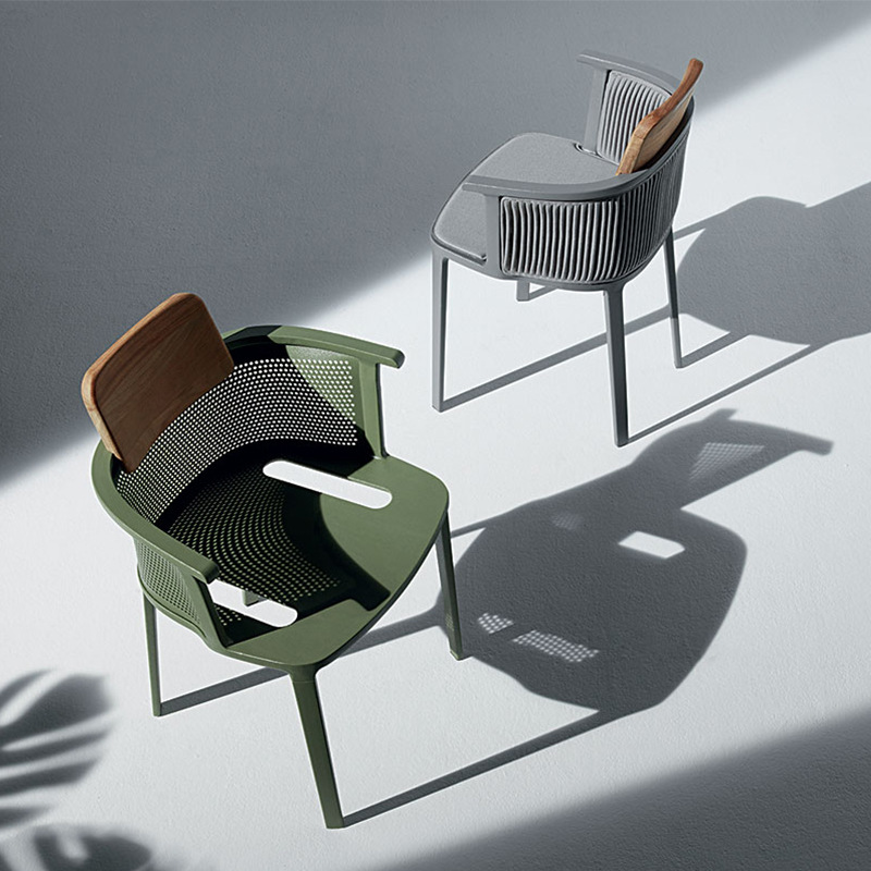 Silla de cuerda de ratán de acero inoxidable al aire libre nórdico, balcón al aire libre, patio, mesa y silla de ocio de teca, muebles combinados