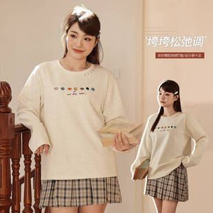 Korean Style Embroidered Colorful Dot Lazy Style Long-Sleeved T-Shirt Autum Fat mm Large Size Design Loose Bottoming Top 65211