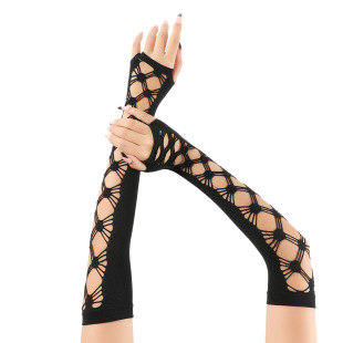Vintage Hollow-Out Fingerless Gloves European and American Halloween Mid-Length Flat Finger Cross Mesh Elastic Artistic Retro