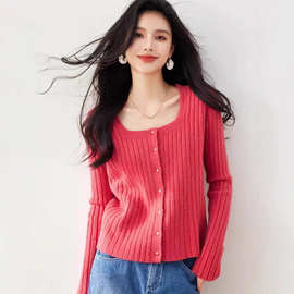 R3529方领毛衣针织开衫女秋冬季新款外套修身慵懒风内搭打底衫朝