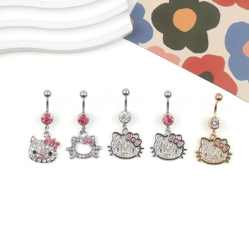 Кольцо для пупка серии KT с розовым крестом, мультяшное милое кольцо hellokitty из нержавеющей стали, пирсинг для пупка, ювелирные изделия