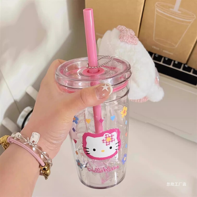 かわいいハローキティ猫ストローカップ高見え蓋付き大容量ミルクカップコーヒーカップドリンクカップギフト|undefined