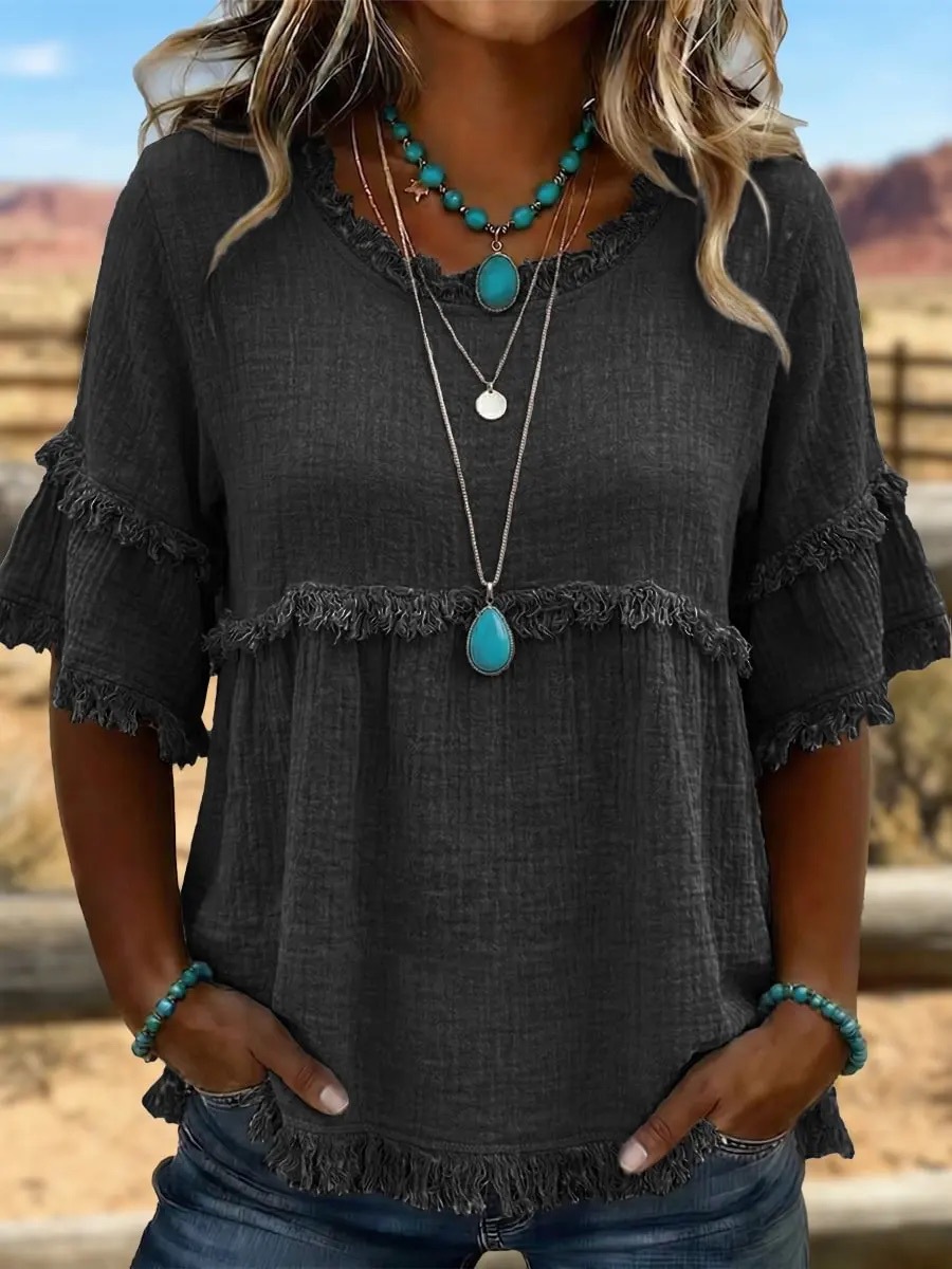 Camicetta retro da donna con frange texture e girocollo_voghion.com