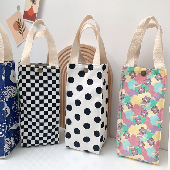 Simple Dot Canvas Thermos Cup Cover Protective Cover Universal Kettle Handbag Milk Tea Cup Portable Bag