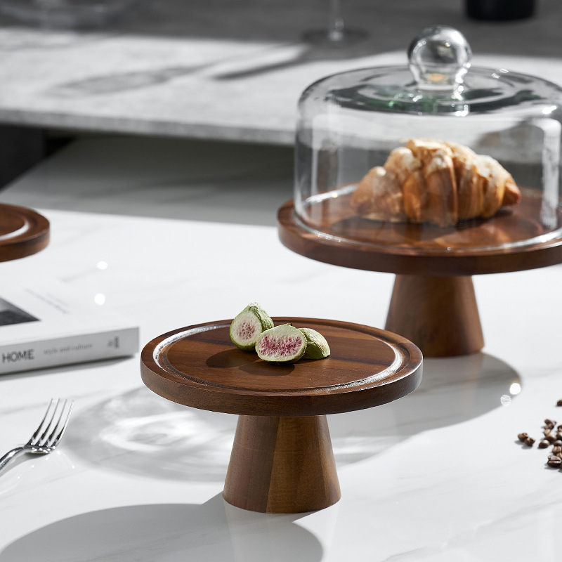 Vintage Acacia dulces dulces pan bandeja de bocadillos alta pie pastel estante sala de estar bandeja de frutas almacenamiento de bocadillos