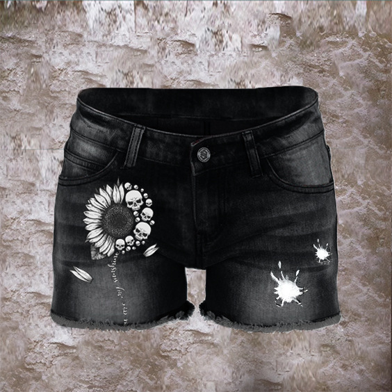 2560 * European and American locomotive leisure retro denim printed shorts in high waist tight multi-pocket cross-border Women's Wear