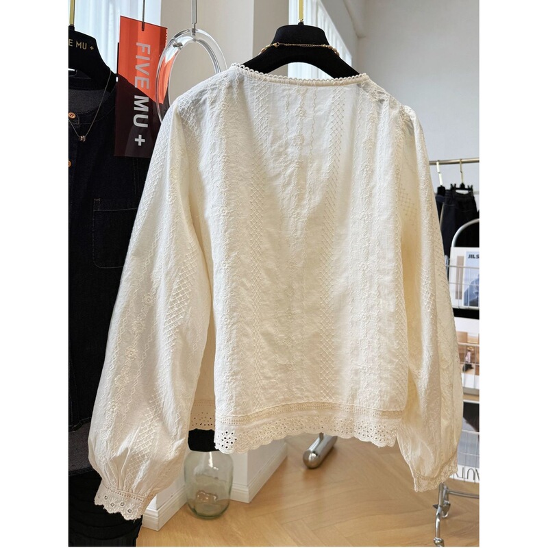 Korean Style Heavy Embroidery Round Neck Lace Long-Sleeved Shirt Women's Autumn Short Top