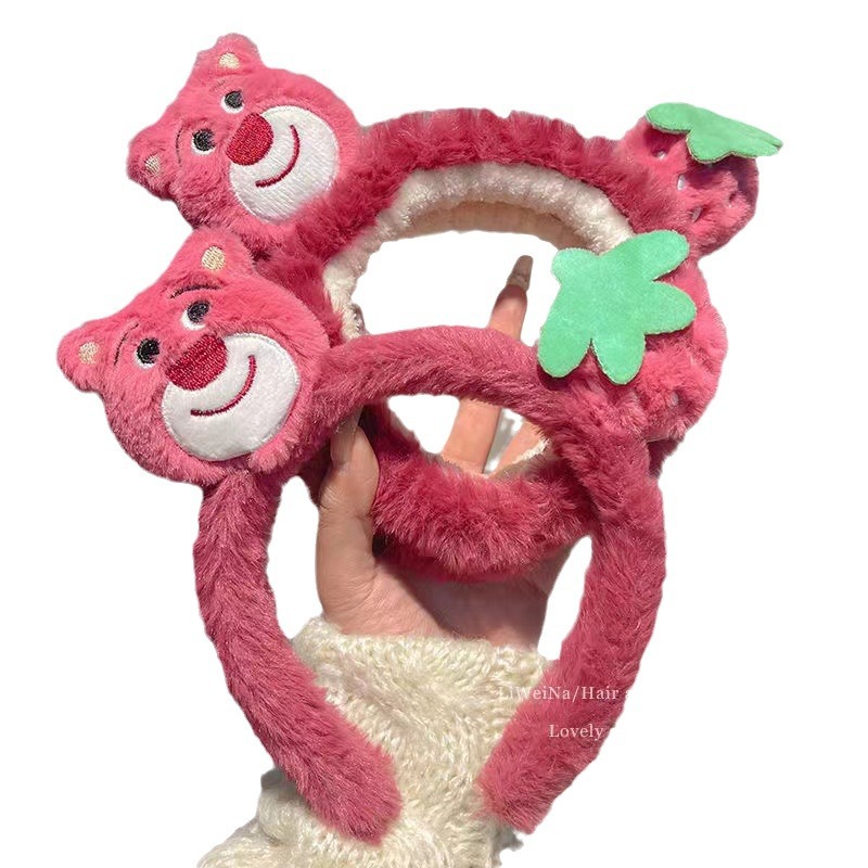 Dibujos Animados fresa oso diadema para las mujeres 2023 nuevo estilo cara lavado maquillaje especial diadema lindo felpa pelo banda diadema